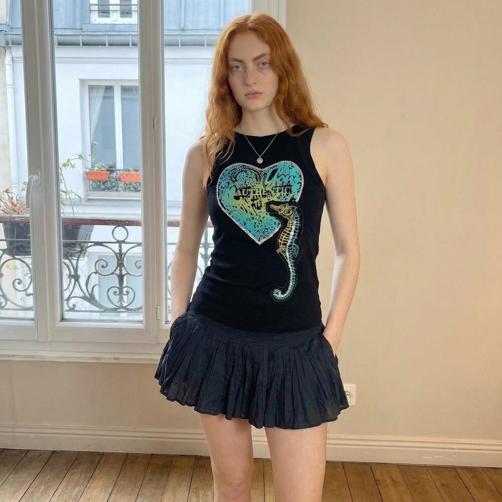 Vintage Italian Y2K Open Back Tank with Embroidered Seahorse & Sequin Detail (S)